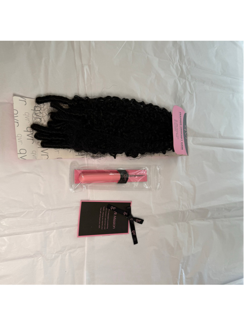 NIB feather crochet 100% natural hair w/ connecting thread 20” long curly black